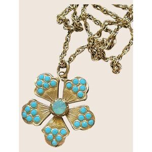 🩵 VTG RETRO FLOWER FLORAL PENDANT NECKLACE TEXTURED BOHO FAUX TURQUOISE AQUA